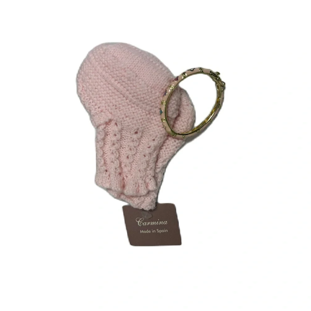 Baby Girl Pink Cable Knit Booties with Floral Bangle NWT